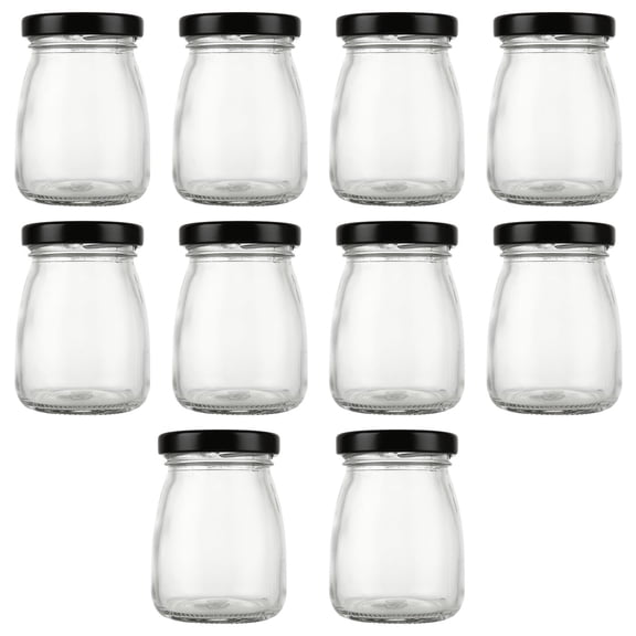 ASelected 10 Pcs Glass Jam Jars 100 Ml Pudding Yogurt Pots with Lids Small Jars with Lids Black Lids for Snacks, Candies, Diy Projects