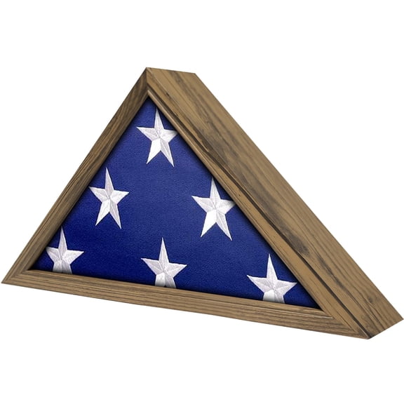 Flag Display Case 5' x 9.5' Funeral & Military Flag Shadow Box with HD Tempered Glass and Wall Mount, Folded Triangle Flag Holder Frame for Veterans, Rustic Wood