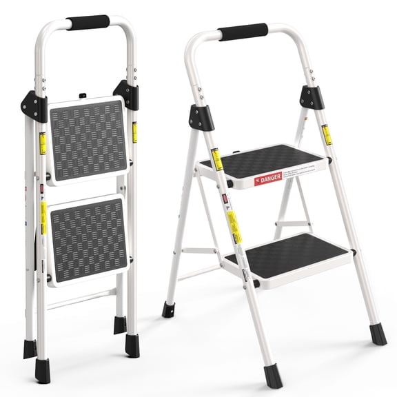 ASoopher 2 Step Ladder with Anti-Slip Pedal, Sturdy Steel Step Stool for Kitchen, White