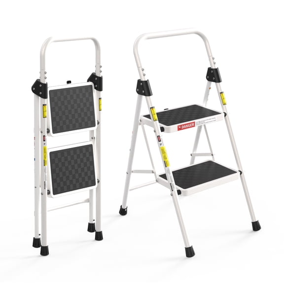 ASoopher 2 Step Ladder with Anti-Slip Pedal, Sturdy Steel Step Stool for Kitchen, White
