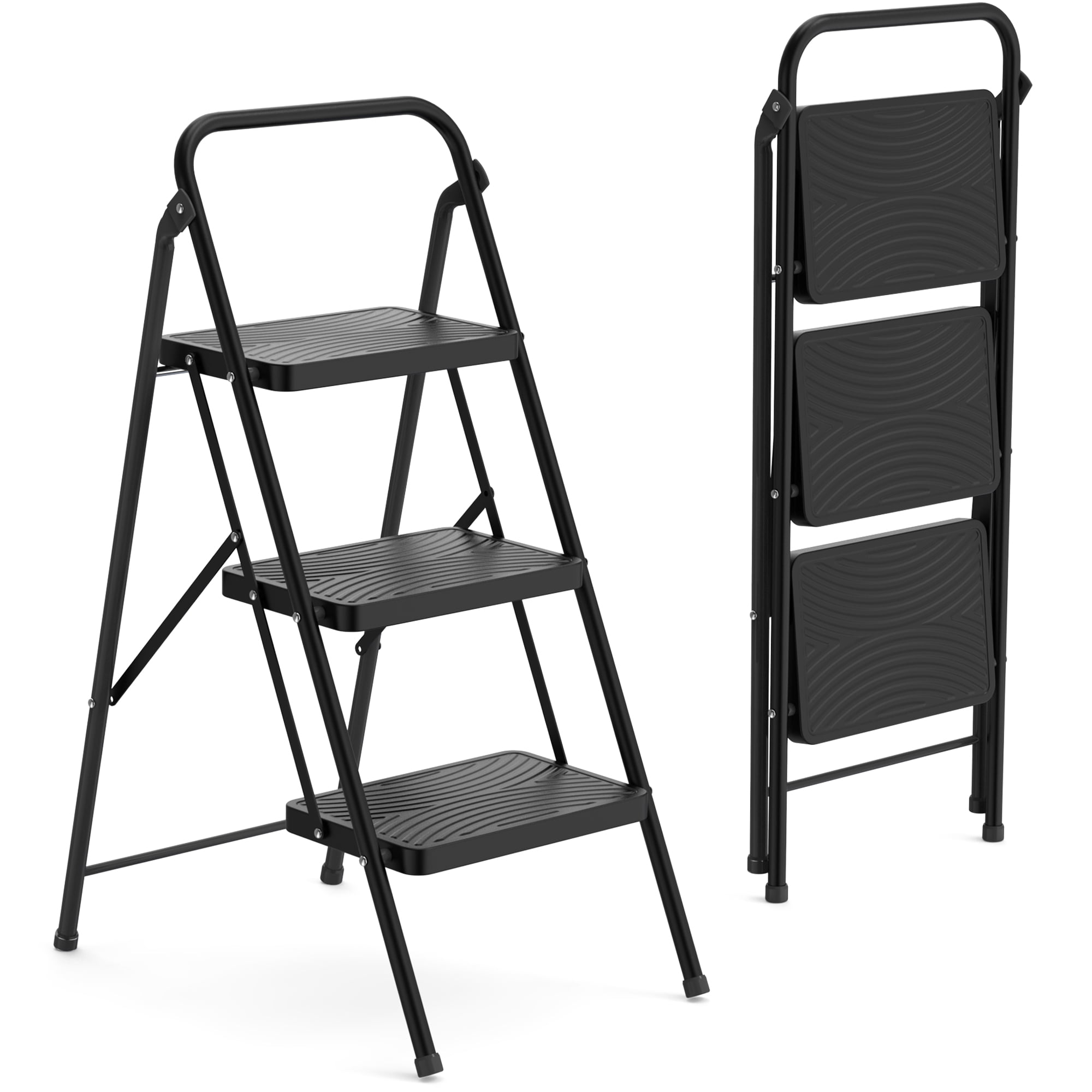 ASoopher 3 Step Stool, Folding Step Ladder with Anti-Slip Pedal, for Kitchen, Black