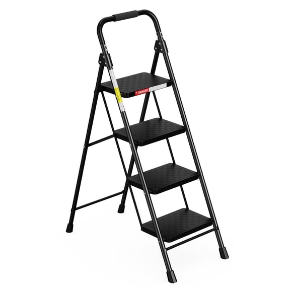 ASoopher 4 Step Ladder with Anti-Slip Pedal, Sturdy Steel Ladder, Black