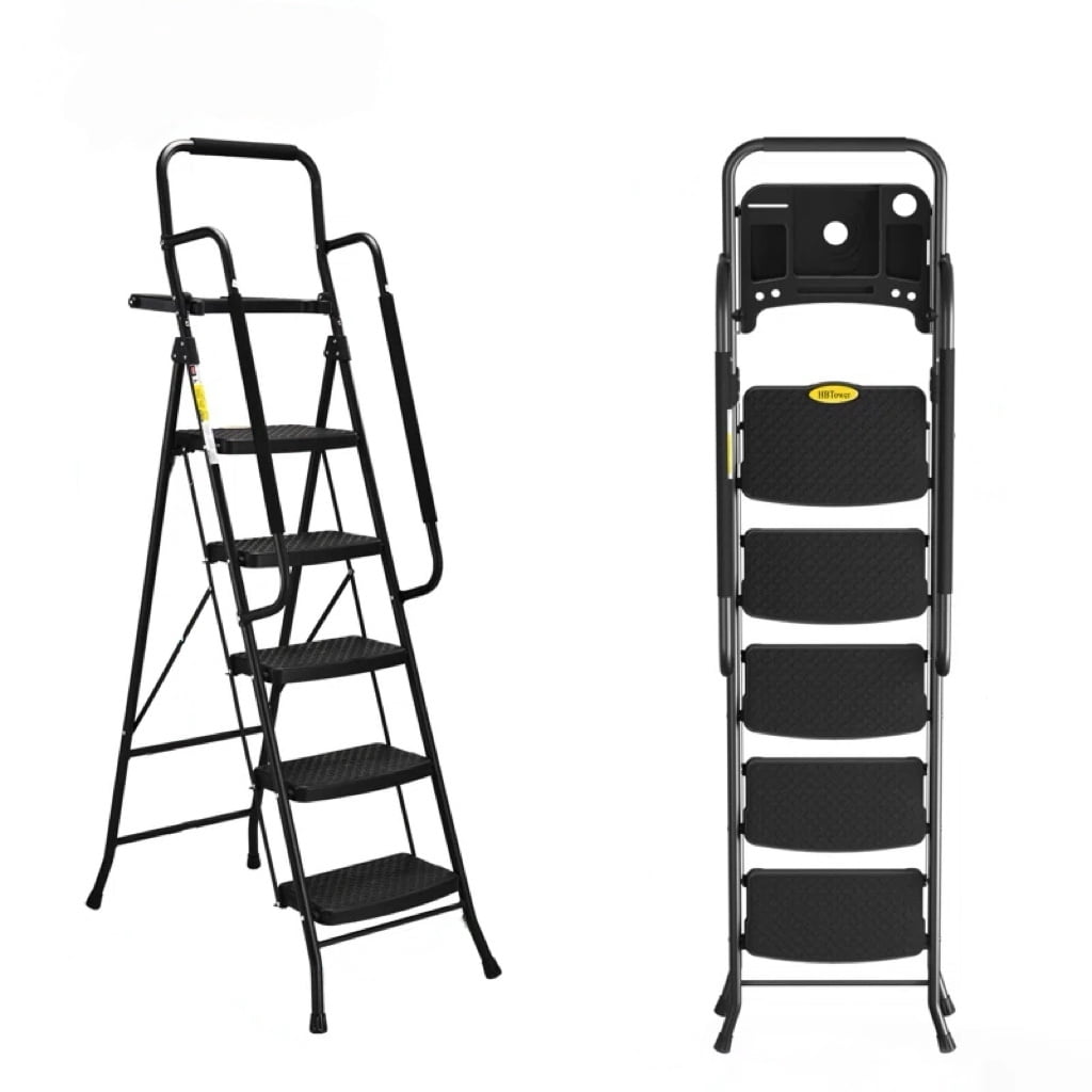 ASoopher 5 Step Ladder with Tool Tray and Handrails, Folding Stool with Wide Anti-Slip Pedal, Tool Platform, Sturdy Steel Ladder, Black