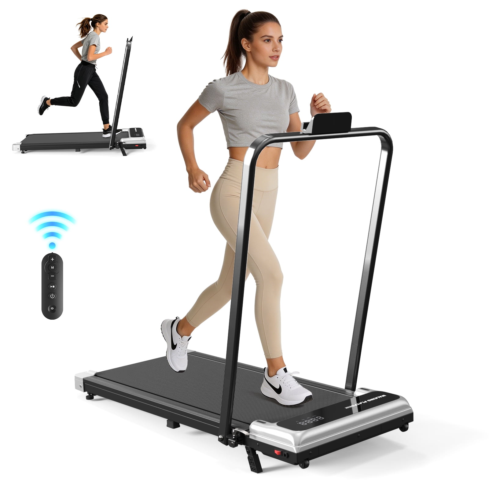 ASoopher Foldable Walking Pad with Incline and Handle Bar, Small Portable Treadmill, for Home and Office，2.5 HP Under Desk Treadmills, 0.6-3.8 MPH, Grey
