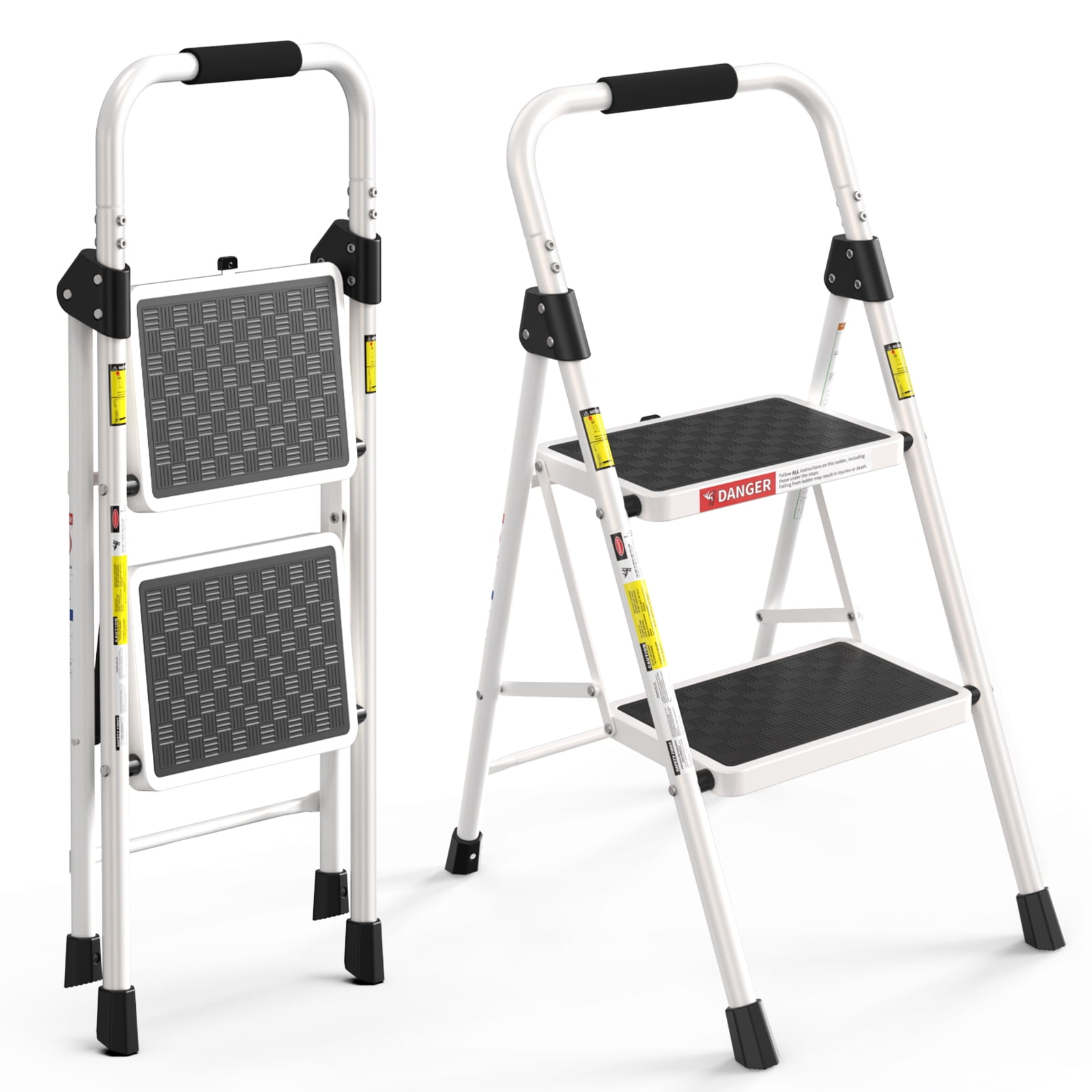 ASoopher Folding 2 Step Ladder, Heavy Sturdy Steel Portable 2 Step Stool with Handrail, Safe-Lock Design, For Kitchen, Garage & Outdoor Use, White