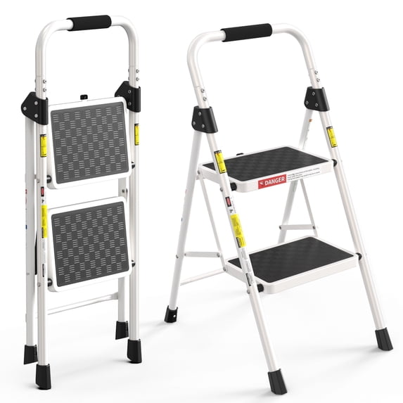 ASoopher Folding 2 Step Ladder, Heavy Sturdy Steel Portable 2 Step Stool with Handrail, Safe-Lock Design, For Kitchen, Garage & Outdoor Use, White