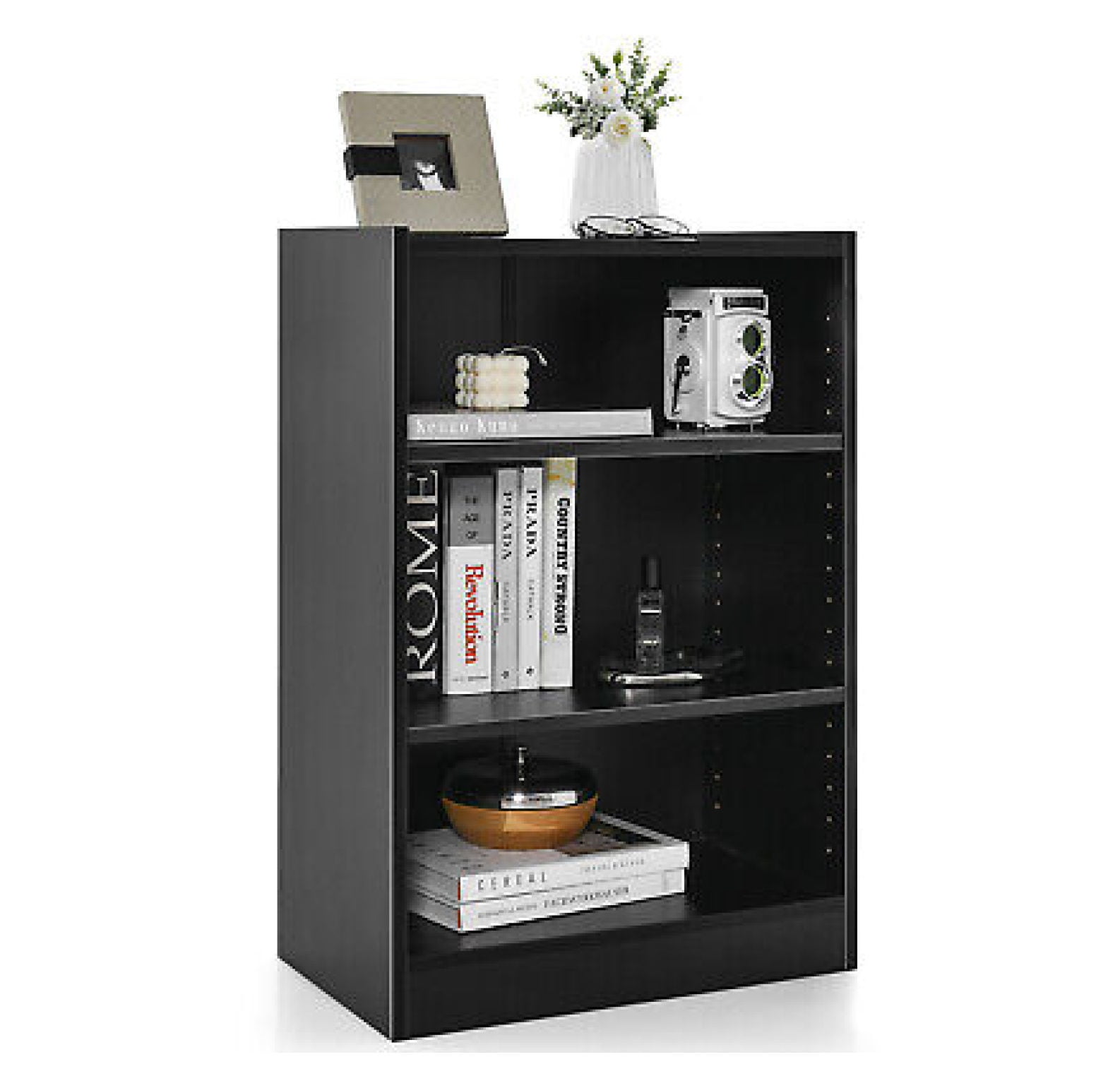 Black Adjustable 3-Tier MDF Wood Bookcase