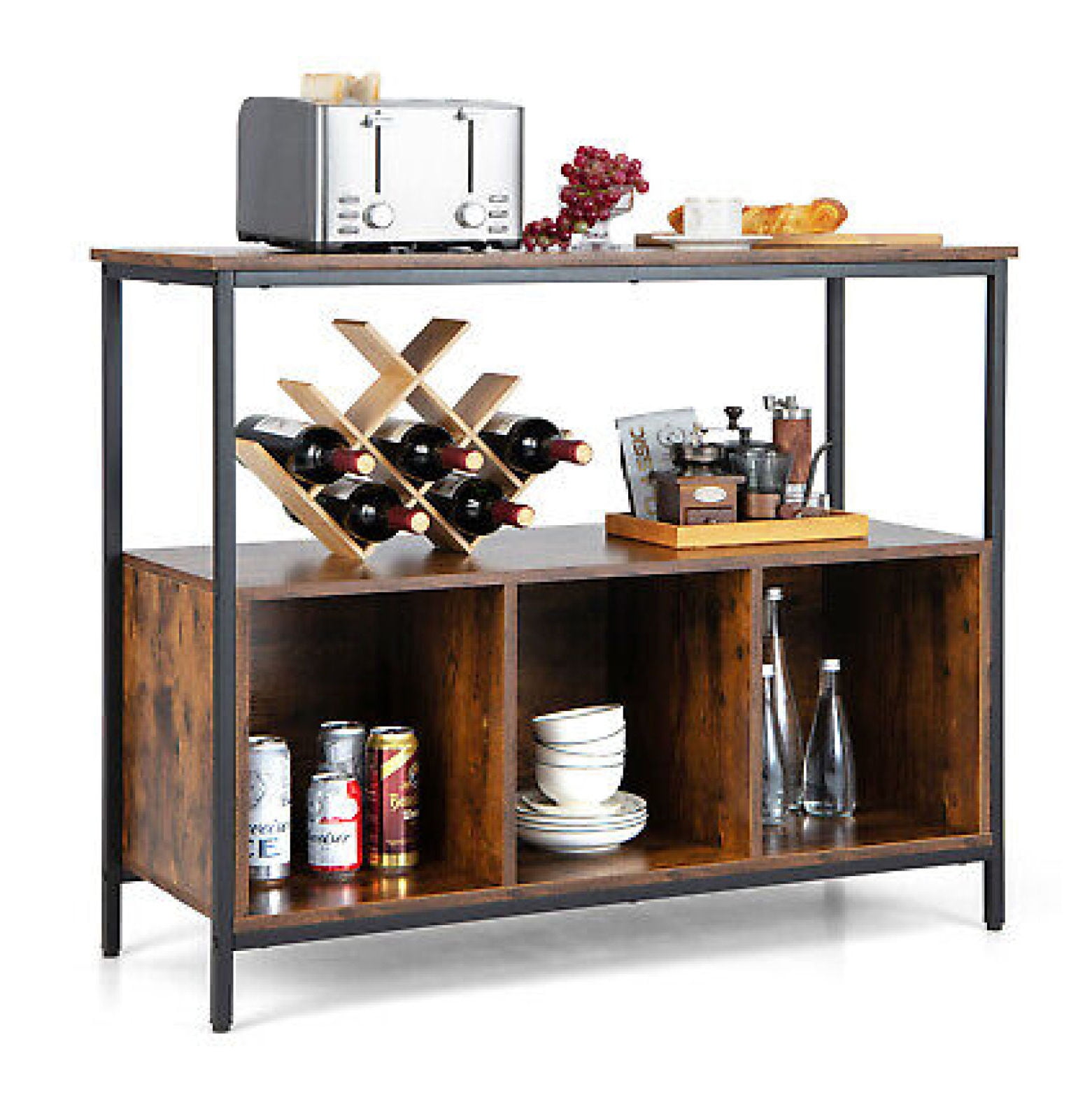 Rustic Brown Engineered Wood and Steel Kitchen Sideboard with Open Shelf
