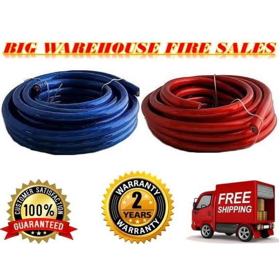 AT 100 FEET 0 GAUGE BLUE & RED POWER + GROUND WIRE CABLE 1/0 GAUGE CAR AUDIO