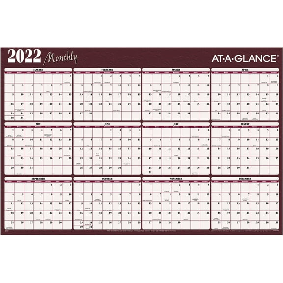 AT-A-GLANCE 2022 32" x 48" Yearly Calendar Reversible Maroon/Navy A152-22