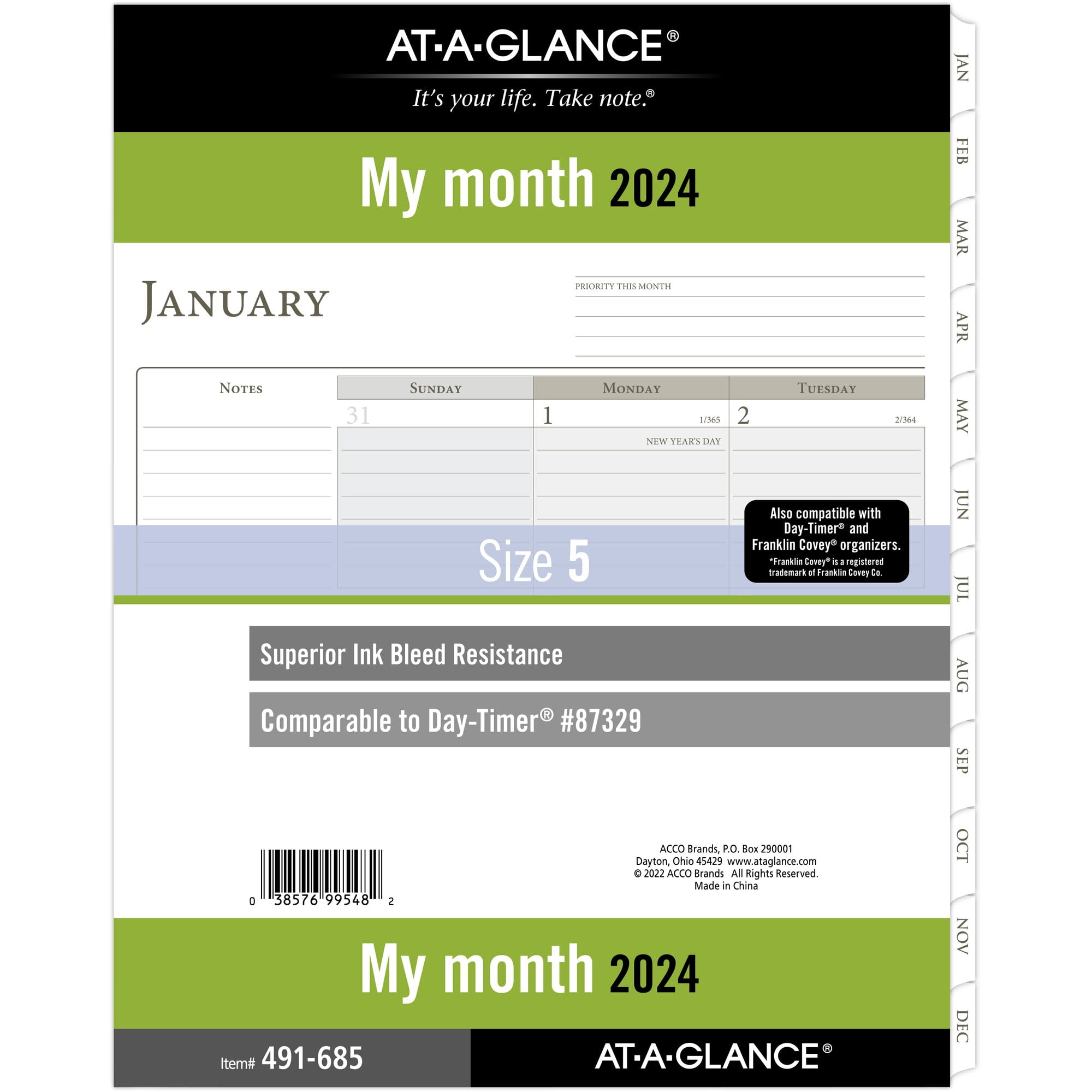 2024 MO1P Month On One Page Dated Planner Insert Refill