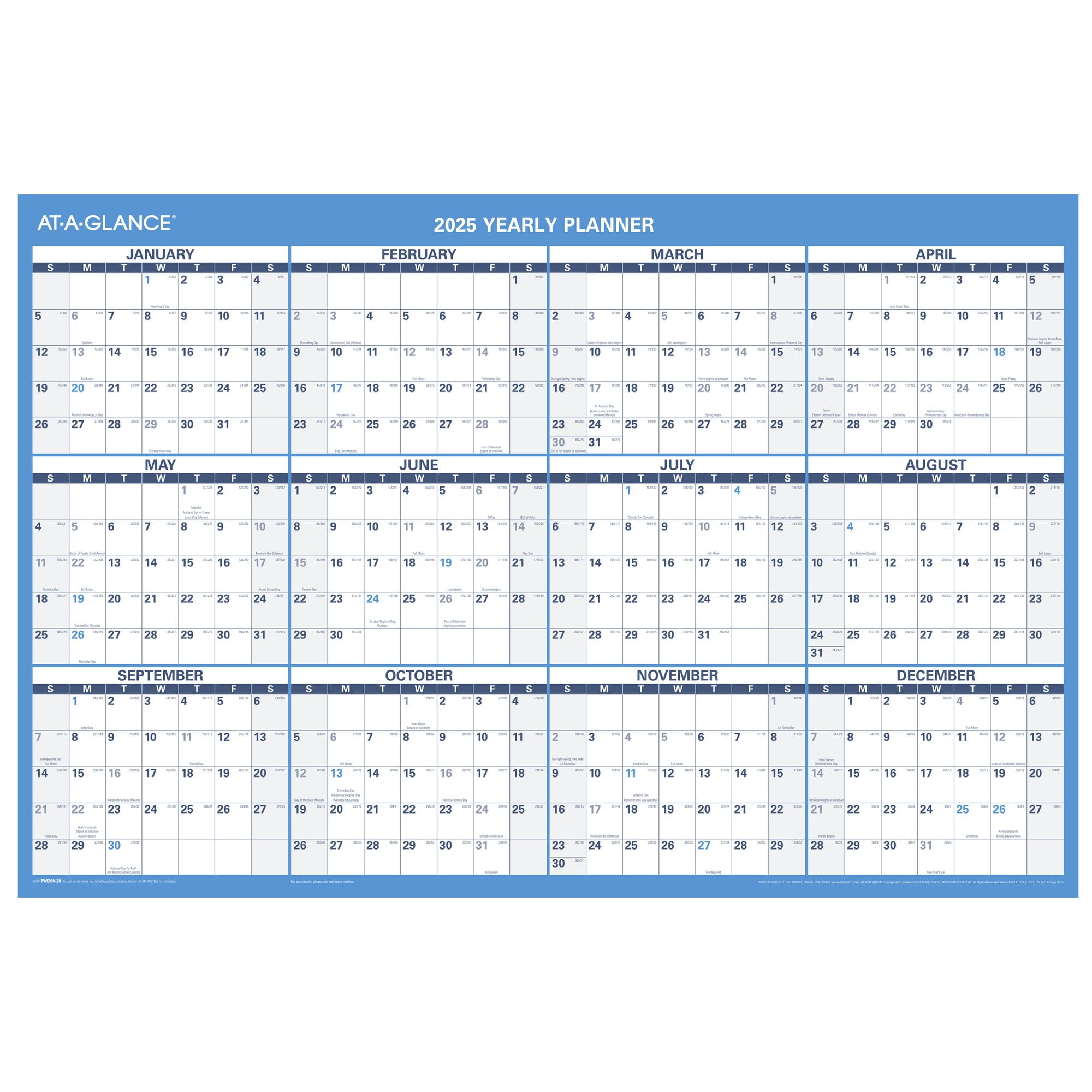 AT-A-GLANCE 2025 Horizontal Reversible Erasable Wall Calendar Large 36 x 24 -
