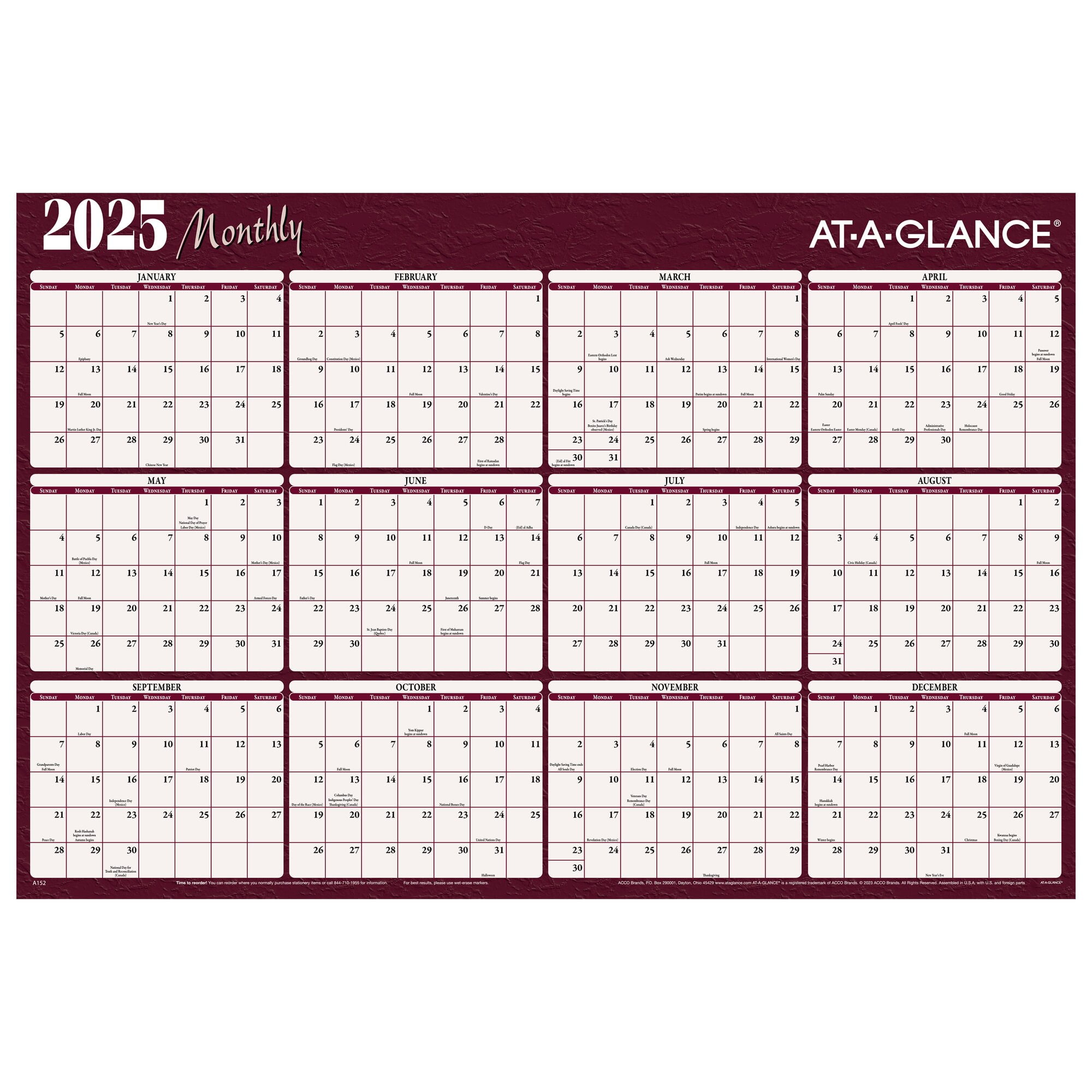ATAGLANCE 2025 Horizontal Reversible Erasable Yearly Wall Calendar