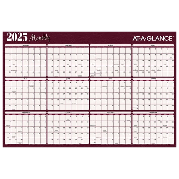 AT-A-GLANCE 2025 Horizontal Reversible Erasable Yearly Wall Calendar Red and