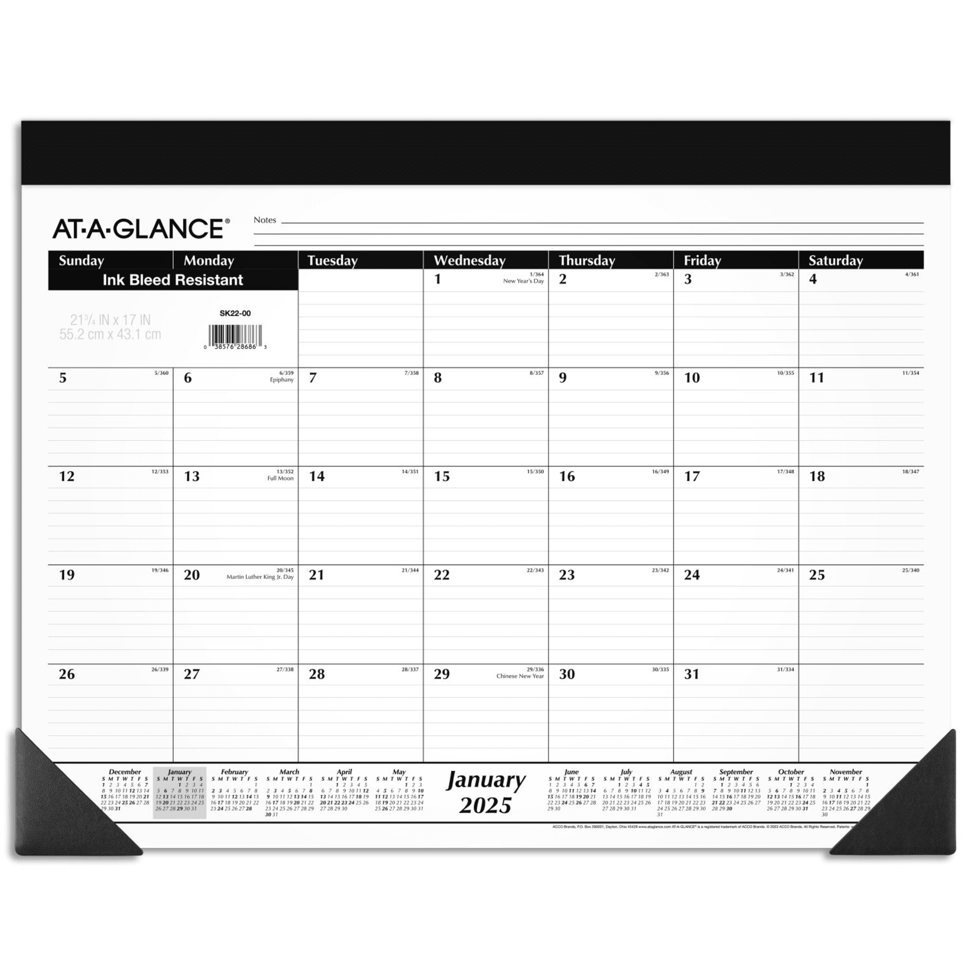 White Paper Monthly Desk Pad Calendar with Black Headband, 21.73" x 17"