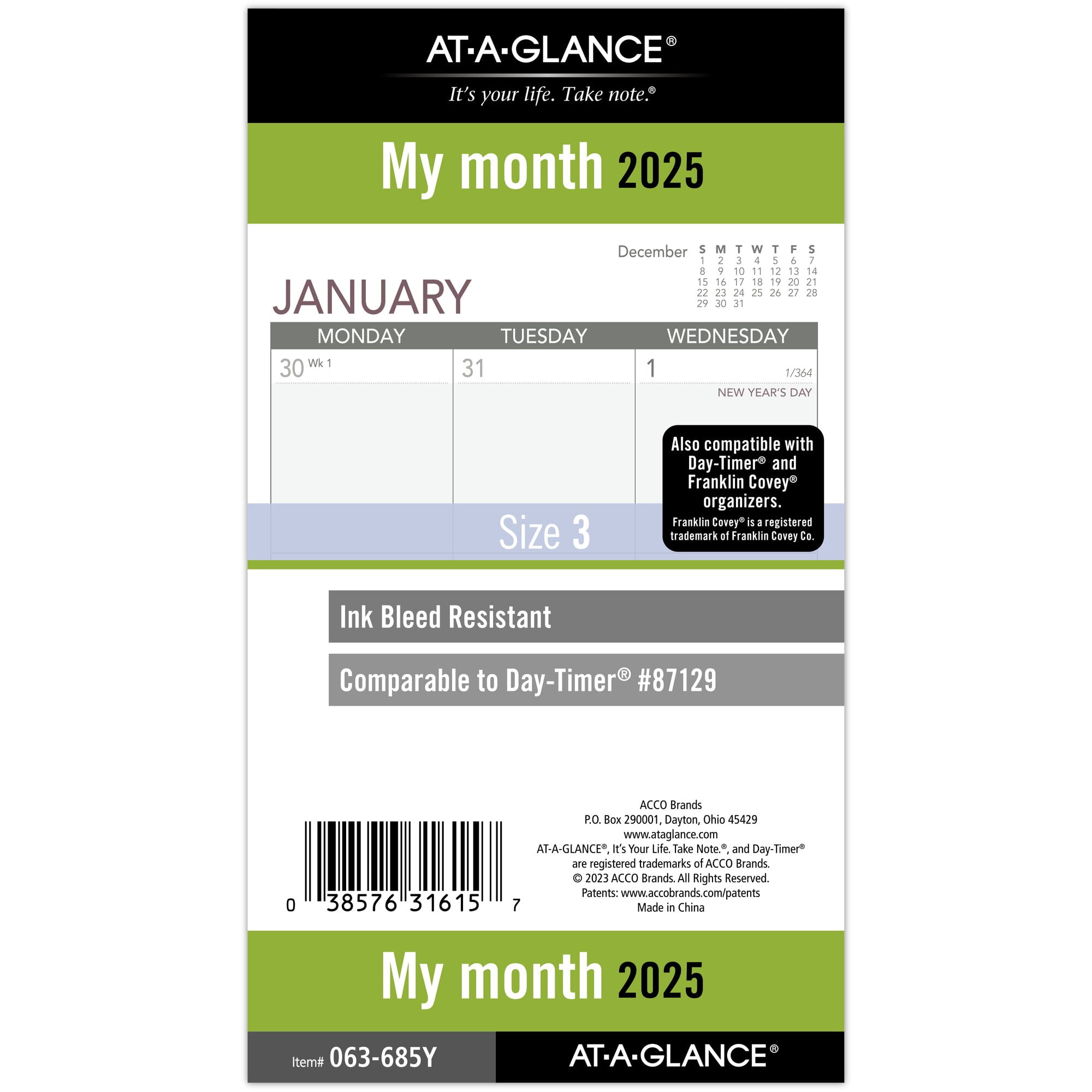 AT-A-GLANCE 2025 Monthly Planner Refill Loose-Leaf Portable Size 3 34 x 6 34 -