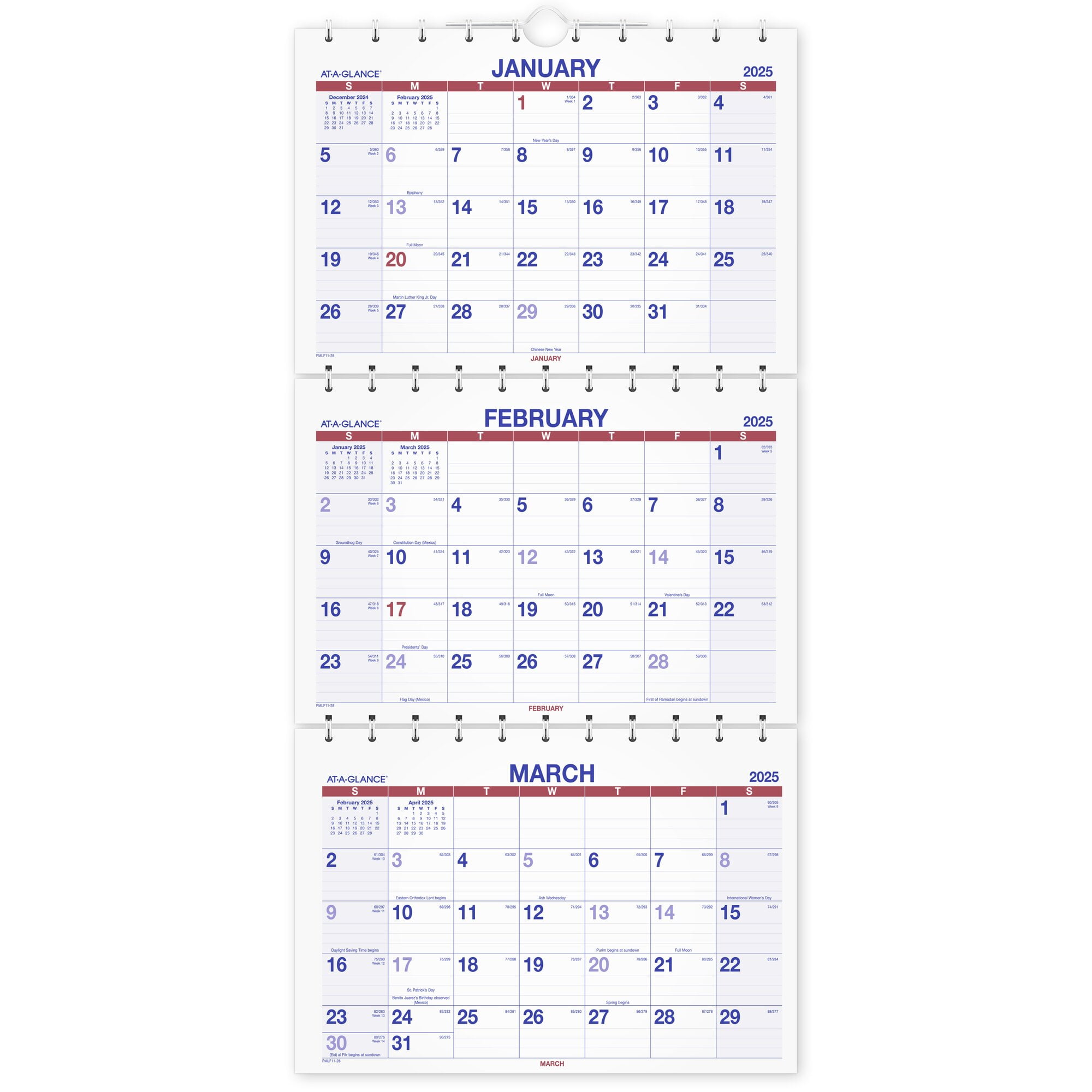 Large White and Blue Three-Month Wall Calendar
