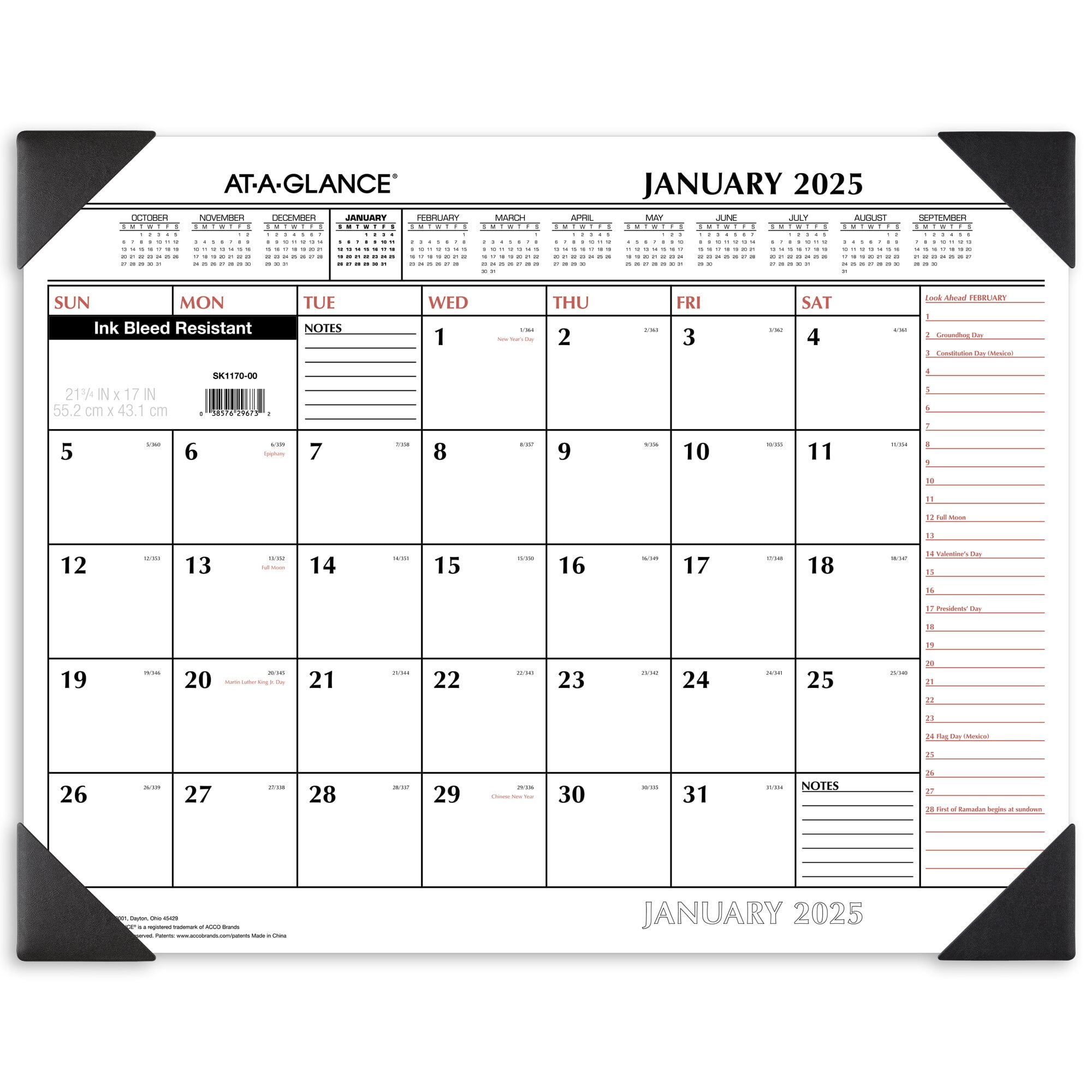 Standard White Paper Monthly Desk Pad with Black Poly Corners