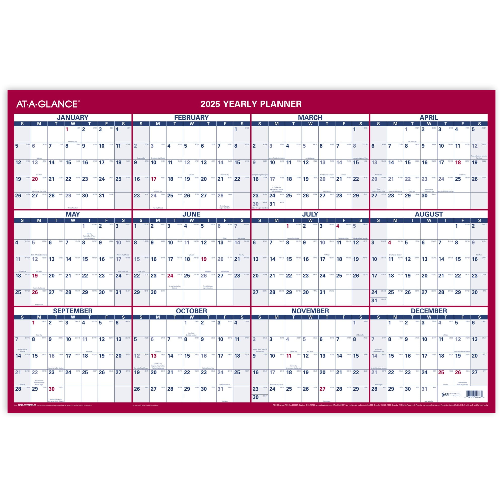 At a glance 2025 vertical horizontal reversible erasable yearly wall