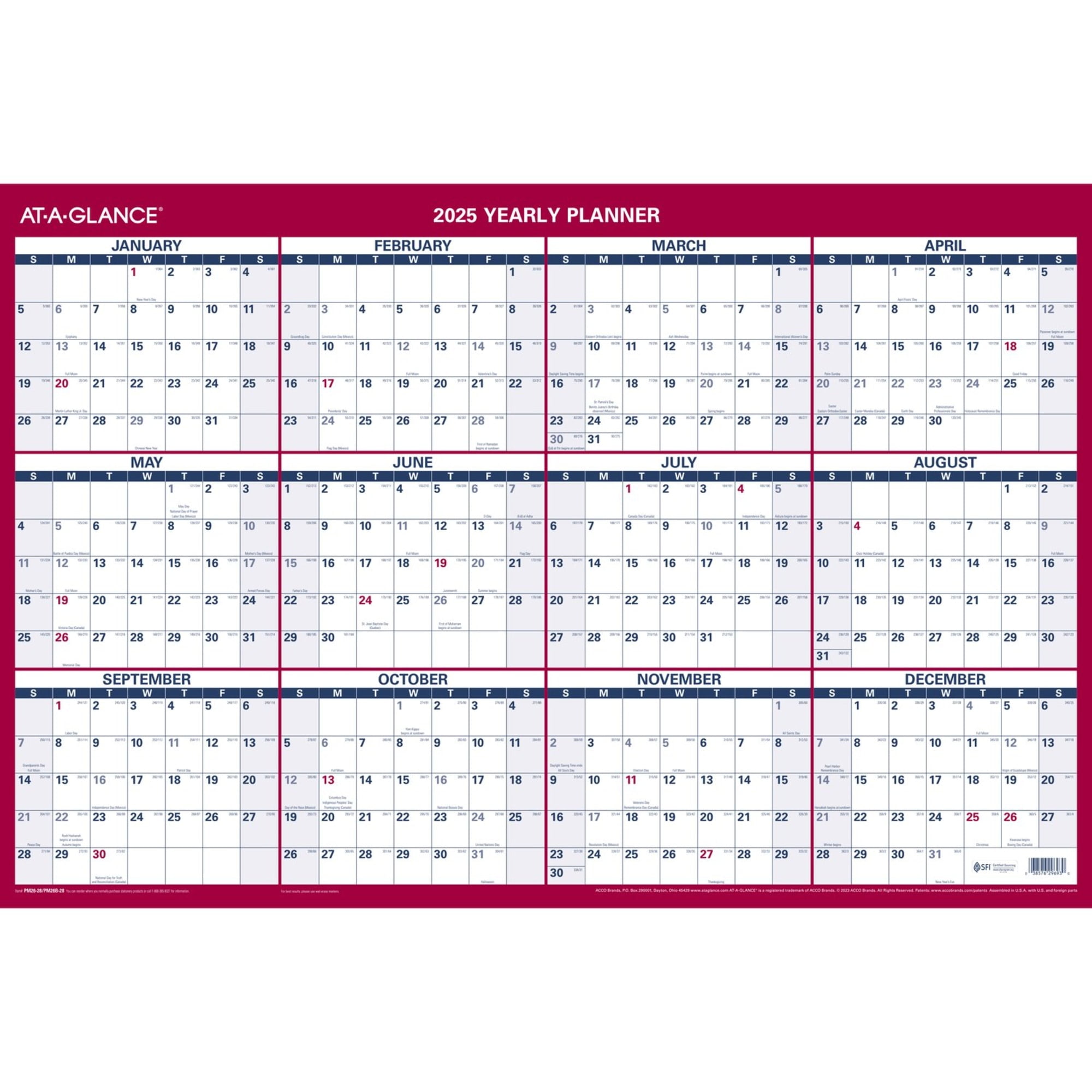 AT-A-GLANCE 2025 Erasable Calendar, Dry Erase Wall Planner, 36" x 25
