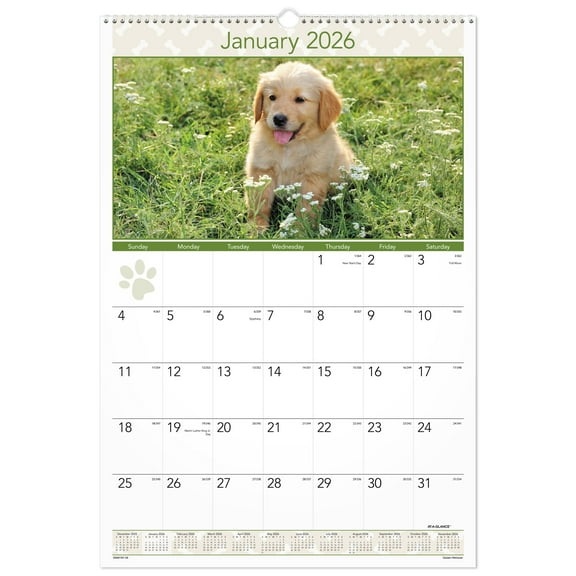 AT-A-GLANCE 2026 Puppies Monthly Wall Calendar Large 15 12 x 22 34 - Monthly