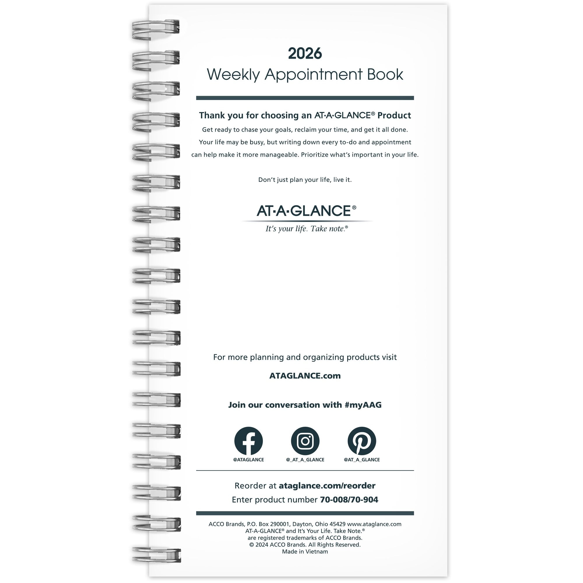 AT-A-GLANCE 2026 Weekly Appointment Book Planner Refill for 70-008 Pocket 3 14 x