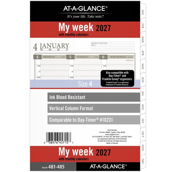 AT-A-GLANCE 2027 Column Style Weekly Monthly Planner Refill Loose-Leaf Desk Size