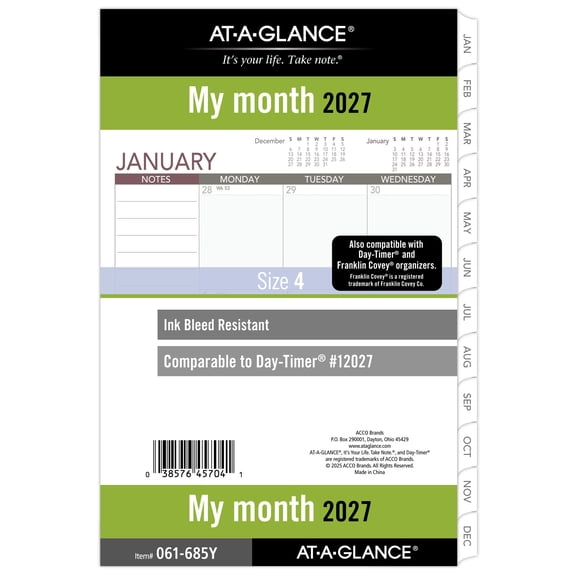 AT-A-GLANCE 2027 Monthly Planner Refill Loose-Leaf Desk Size 5 12 x 8 12 -