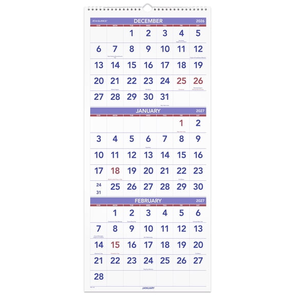 AT-A-GLANCE 2027 Three Month Reference Vertical Wall Calendar Large 12 x 27 -