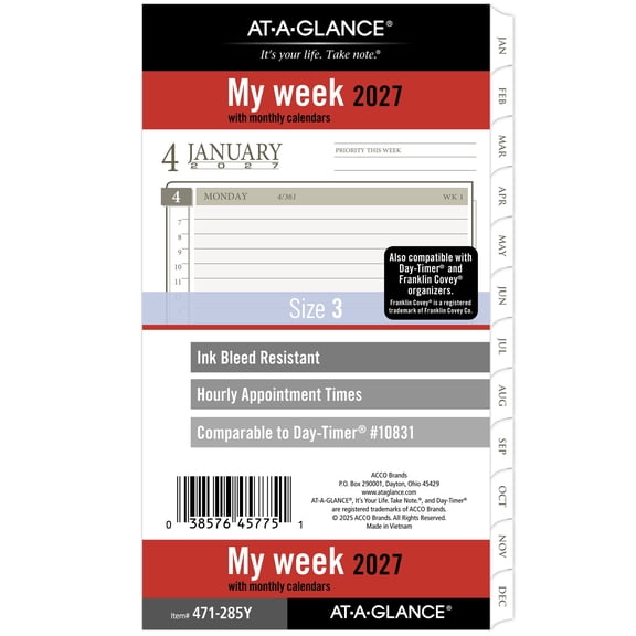 AT-A-GLANCE 2027 Weekly Monthly Planner Refill Loose-Leaf Portable Size 3 34 x 6