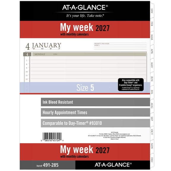 AT-A-GLANCE 2027 Weekly Planner Refill Loose Leaf Folio Size 8 12 x 11 -
