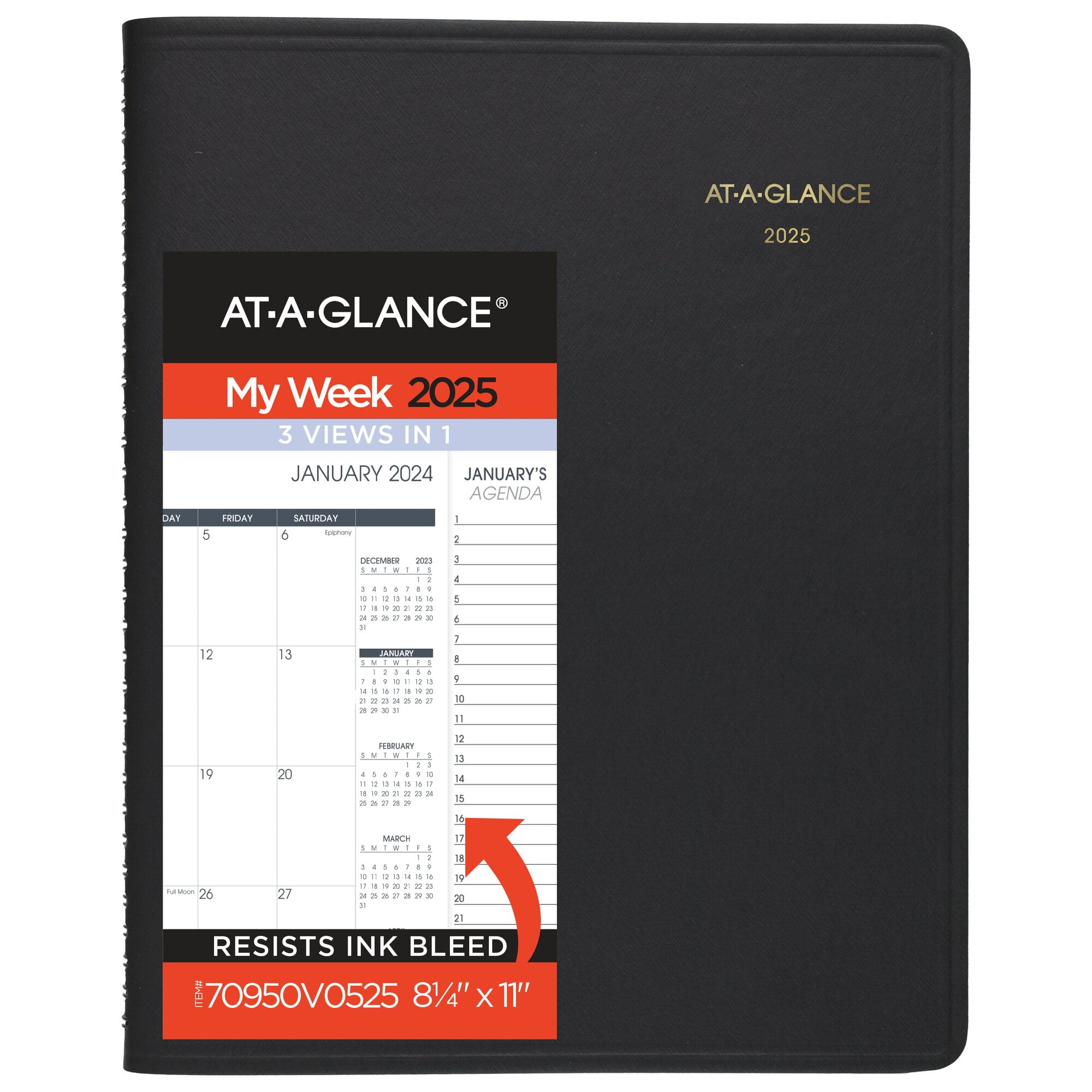Triple View Weekly Vertical-Column Format Appointment Book, 11 x 8.25, Black Cover, 12-Month (Jan to Dec): 2024