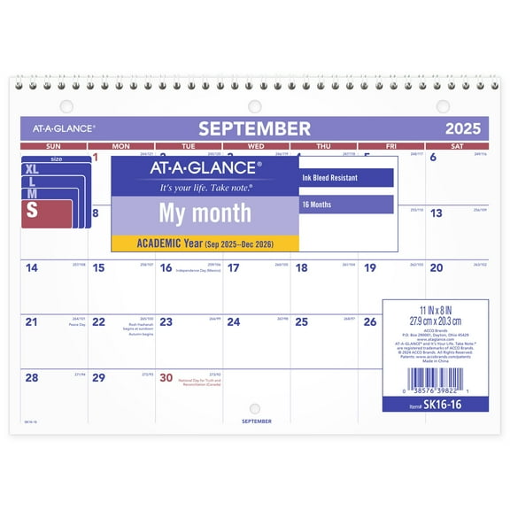 AT-A-GLANCE Academic 2025-2026 Monthly Desk Wall Calendar Small 11 x 8 -