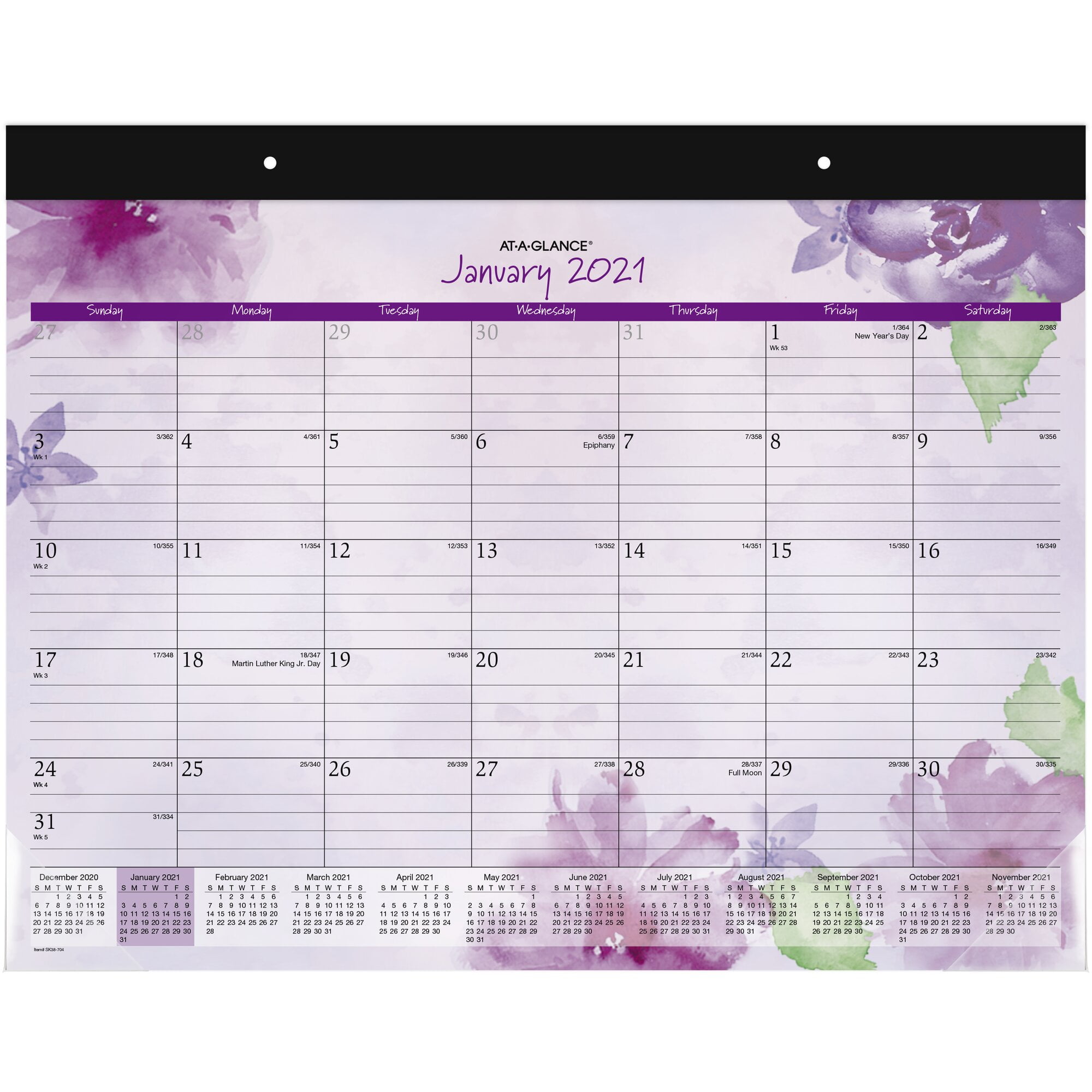AT-A-GLANCE Beautiful Day 13-Month Monthly Desk Pad Calendar, 21 3/4" x 17", January 2021 to January 2022 - SK38-704-21