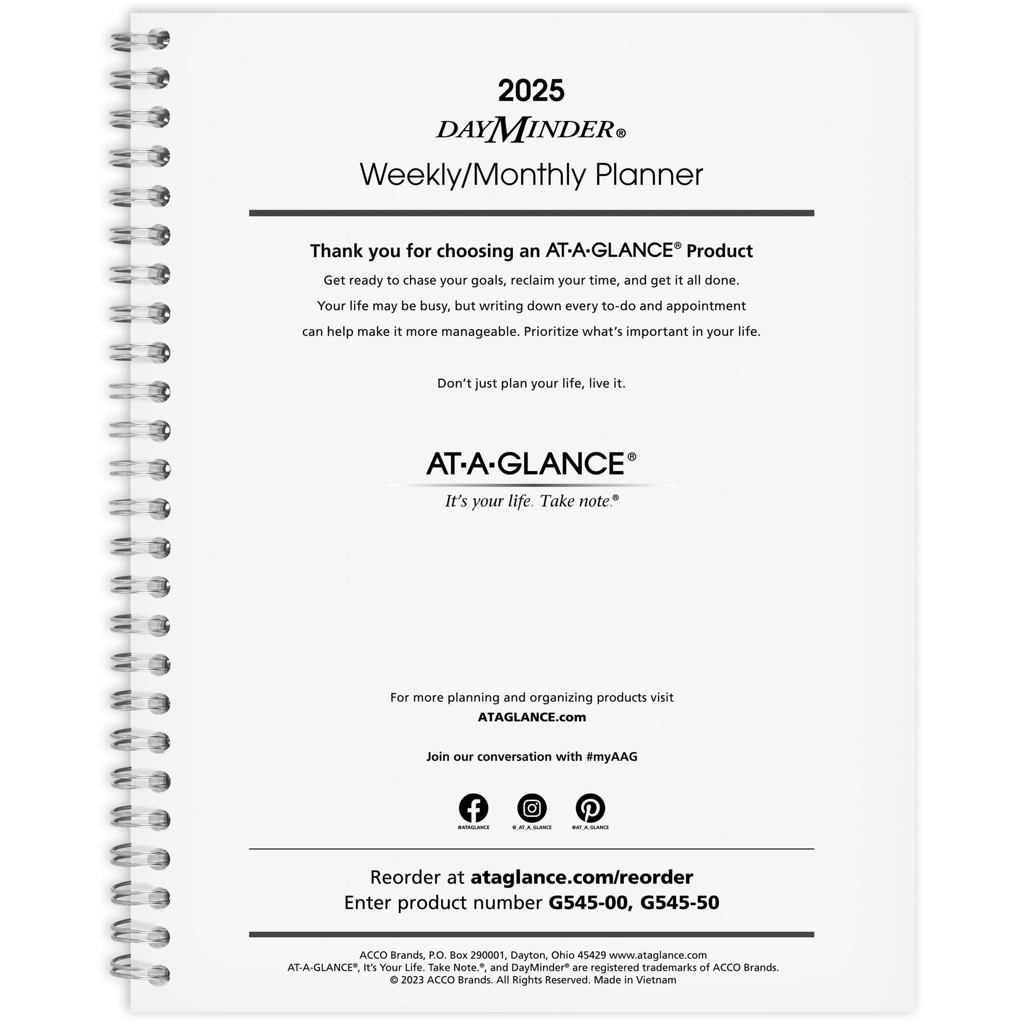 ATAGLANCE DayMinder Executive 2025 Weekly Monthly Refill for G545