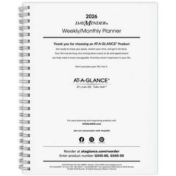 AT-A-GLANCE DayMinder Executive 2026 Weekly Monthly Refill for G545 Medium 7 x 8