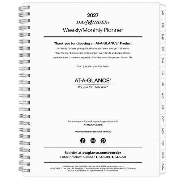 AT-A-GLANCE DayMinder Executive 2027 Weekly Monthly Refill for G545 Medium 7 x 8
