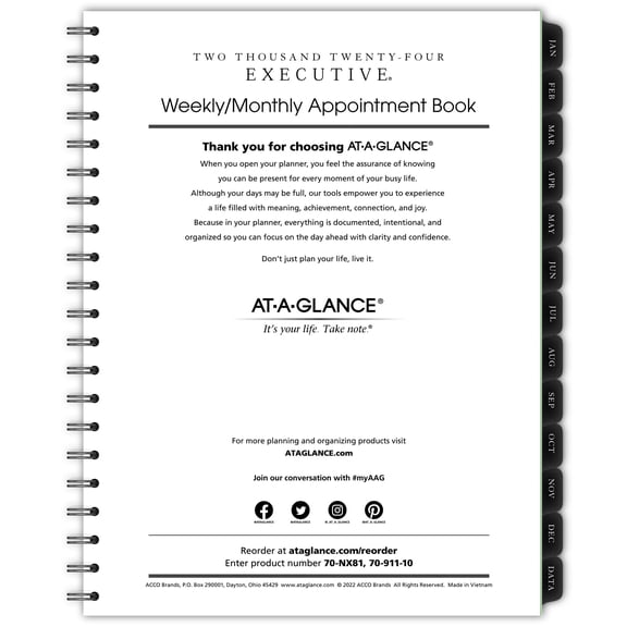 AT-A-GLANCE Executive 2024 Weekly Monthly Refill for 70-NX81 Large 8 14 x 11 -