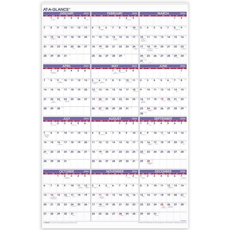 AT-A-GLANCE PM12-28 24 in. x 36 in. 12-Month 2024 Yearly Wall Calendar -  White Sheets 