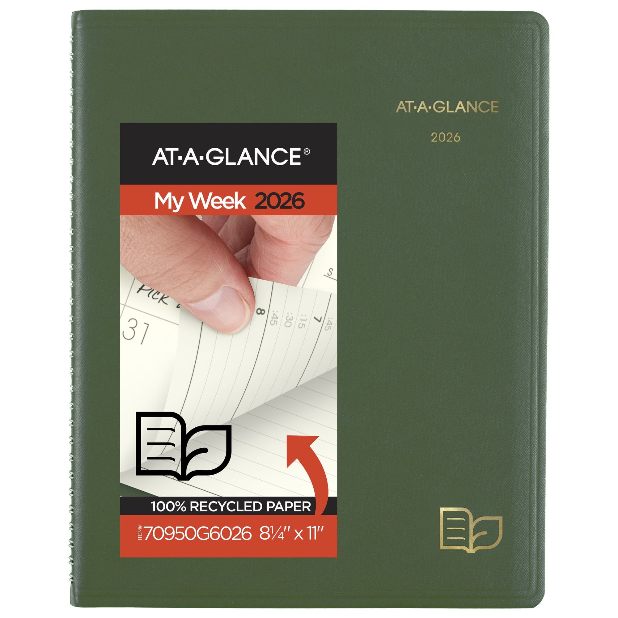 AT-A-GLANCE Recycled 2026 Weekly Monthly Appointment Book Planner Green Large 8
