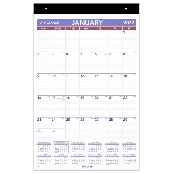 AT-A-GLANCE® Repositionable Wall Calendar With adhsve Backing, 15-1/2" x 22-3/4", January To December 2022, PM17RP28