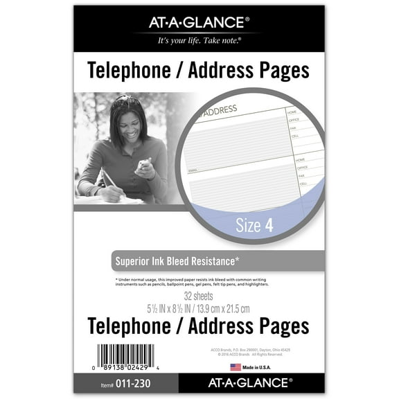 AT-A-GLANCE Telephone Address Pages, Loose-Leaf, 7 Ring, Desk Size, 5 1/2" x 8 1/2"