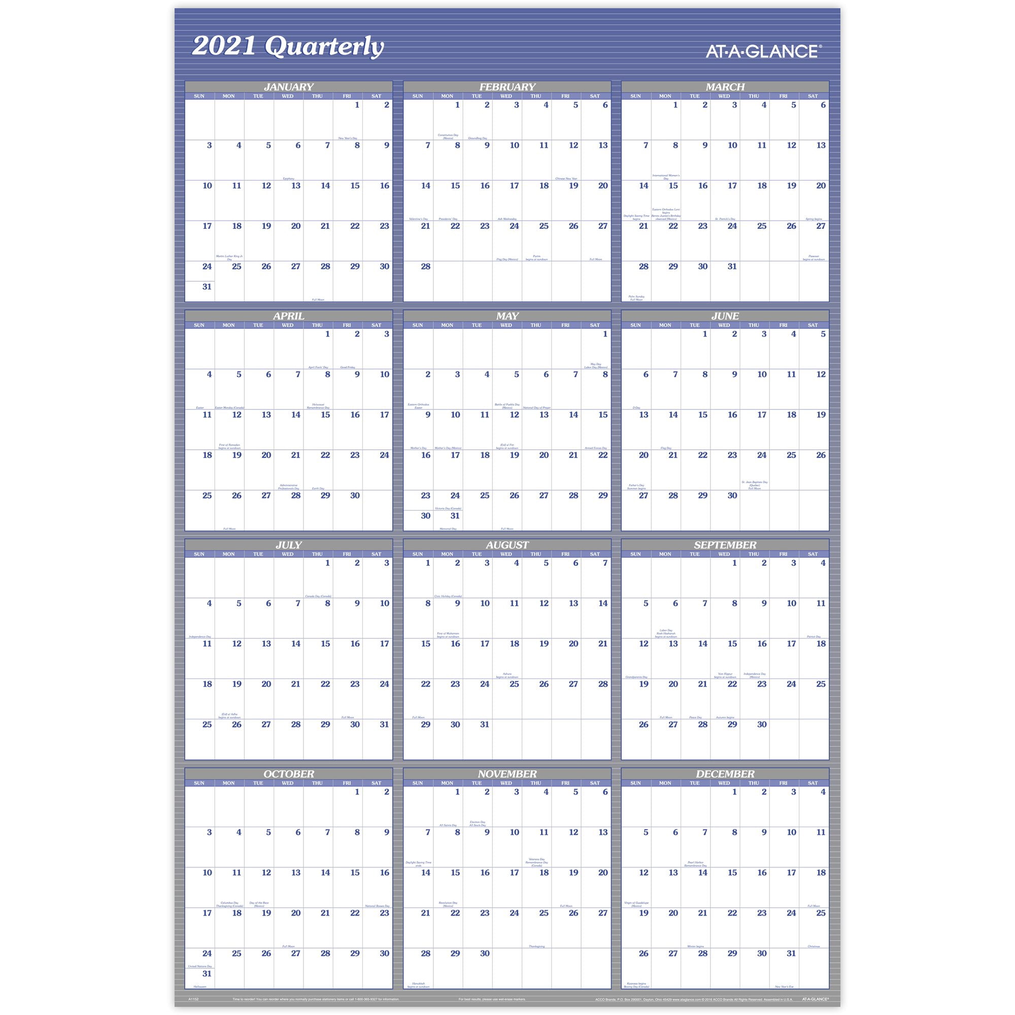 AT-A-GLANCE Vertical/Horizontal Reversible Erasable Yearly Wall Calendar, 48" x 32", Blue, January 2021 to December 2021 - A1152-21