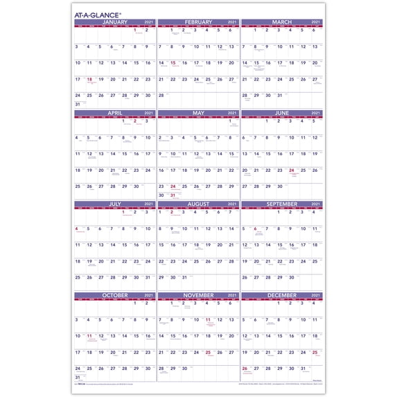 AT-A-GLANCE Yearly Wall Calendar, 12 Months, 24" x 36", January 2021 to December 2021 - PM122821