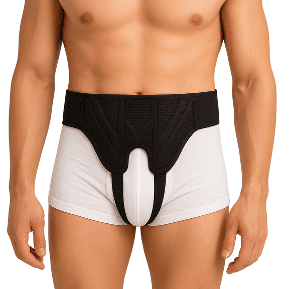 AT Surgical Double Hernia Support Truss, Slim Black Adjustable Straps or Belt with Compression Pads - Double Side, Size Medium