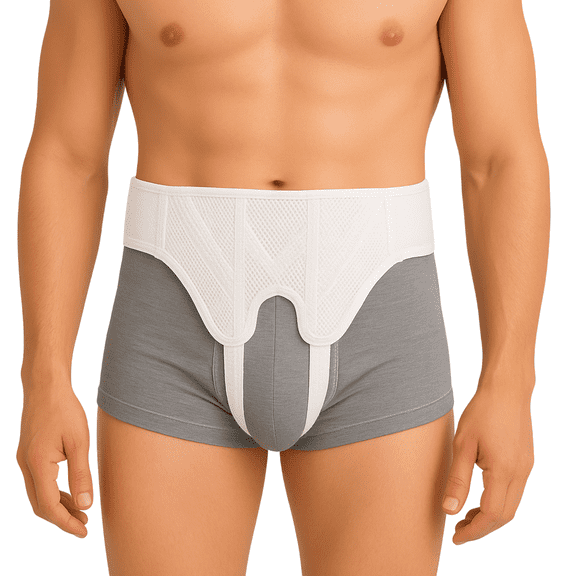 AT Surgical Double Hernia Support Truss, Slim White Adjustable Straps or Belt with Compression Pads - Double Side, Size Medium