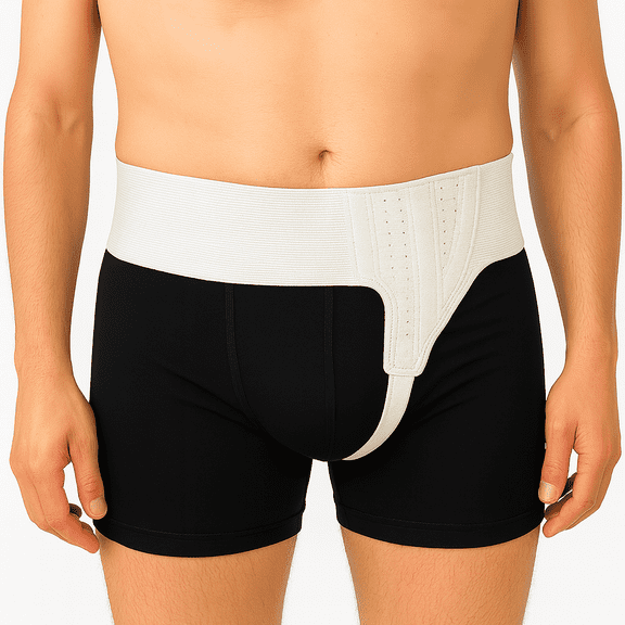 AT Surgical Left Hernia Support Truss, Slim White Adjustable Straps or Belt with Compression Pads - Left Side, Size Medium
