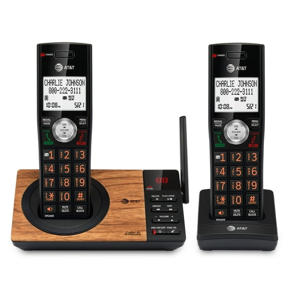 AT&T CL DECT 6.0 2-Handset Cordless Phone for Home with Answering Machine, Blocking, Caller ID Announcer, Intercom and Long Range, Black & Wood Grain Finish Black/Wood Grain Finish 2 Handsets Phone