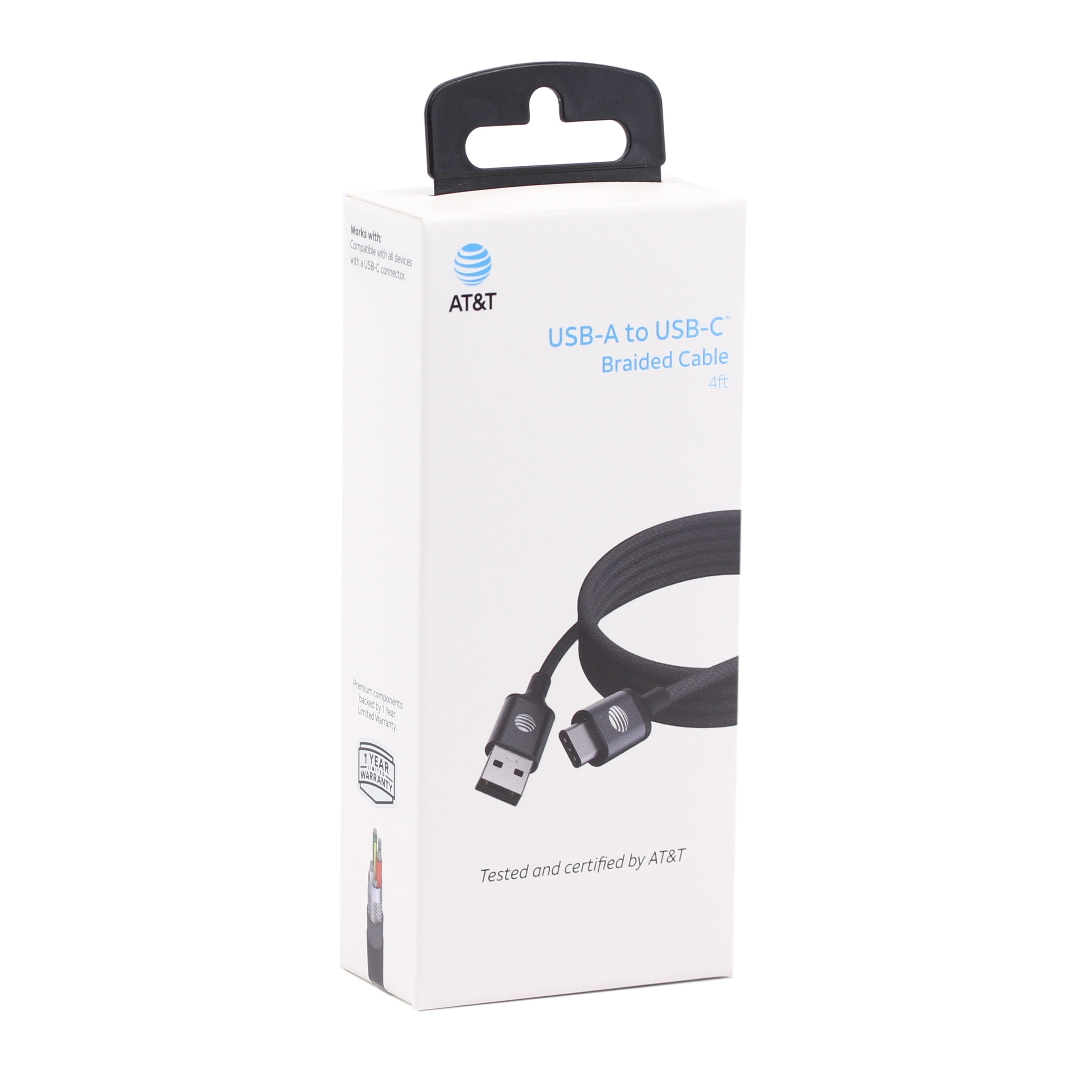 AT&T Charge-Sync USB-A to USB-C Braided Cable - Black - Walmart.com