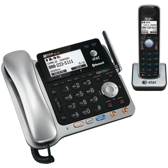 AT&T 2-Line 2-Handset DECT 6.0 Expandable Cordless Phone System for Landline, Answering System, Bluetooth Connect to Cell, and Caller ID